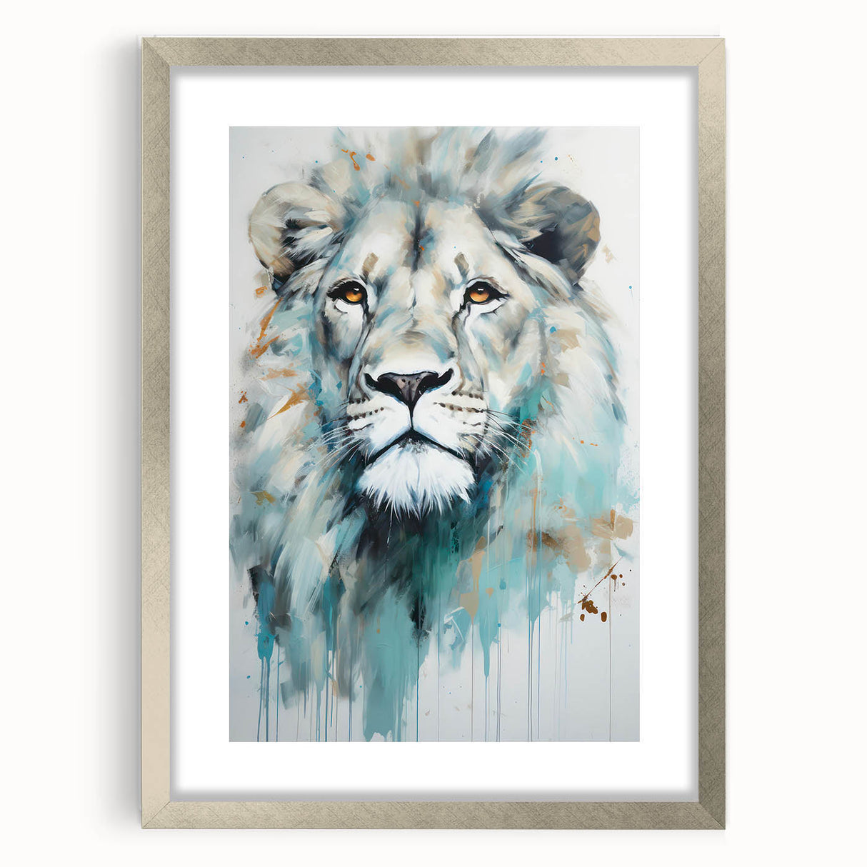 Framed wall art featuring a majestic lion design in a silver frame, showcasing intricate details and vibrant colors, perfect for wildlife enthusiasts' decor.