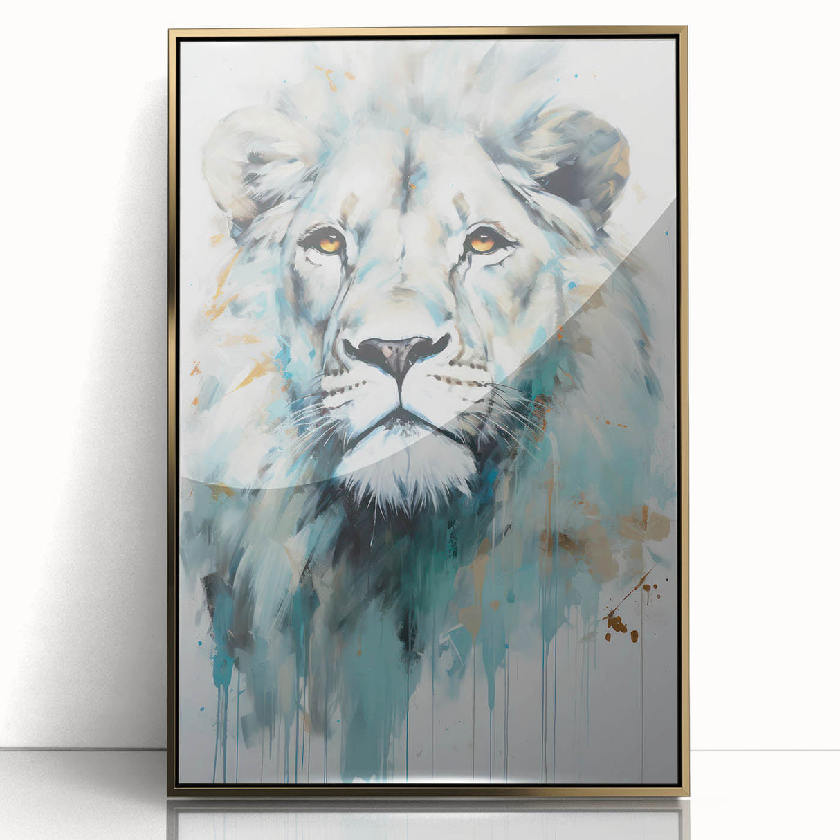 Framed acrylic wall art featuring a majestic lion design in gold tones, capturing the essence of wildlife, perfect for home decor and animal lovers.