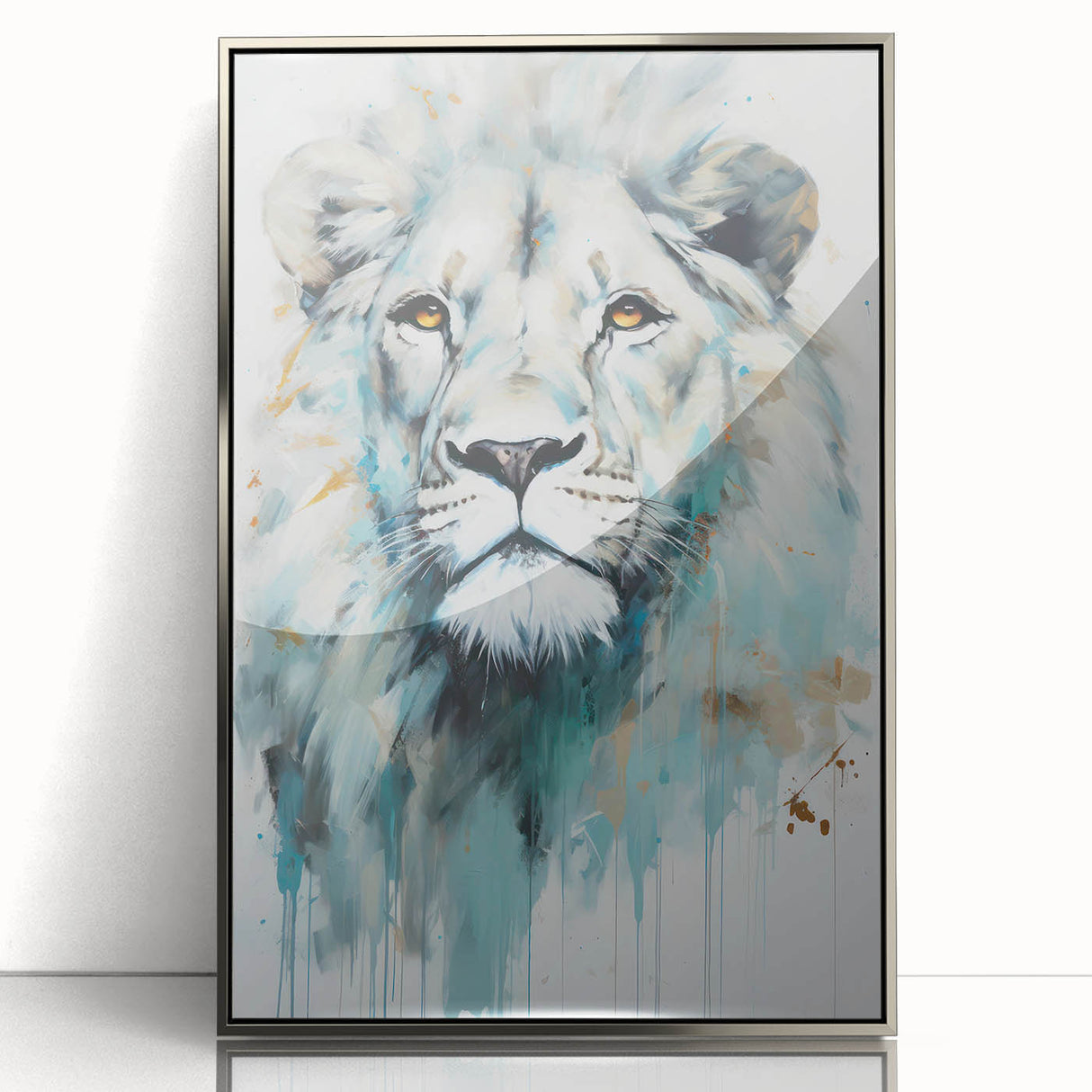Framed wall art featuring a majestic lion design in silver acrylic, showcasing intricate details and vibrant colors, perfect for animal lovers and home decor enthusiasts.