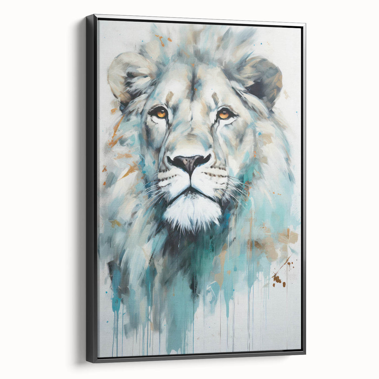 Framed wall art featuring a majestic lion design in a black frame, showcasing intricate details and vibrant colors, perfect for wildlife enthusiasts.