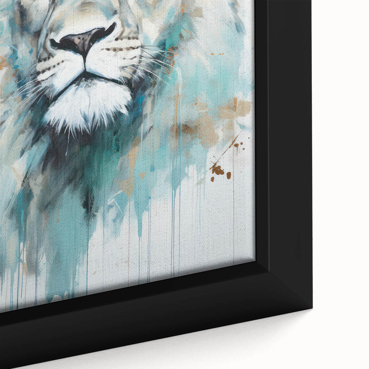 Close-up of a framed canvas wall art featuring a majestic lion design, showcasing intricate details and vibrant colors, perfect for wildlife enthusiasts and home decor.