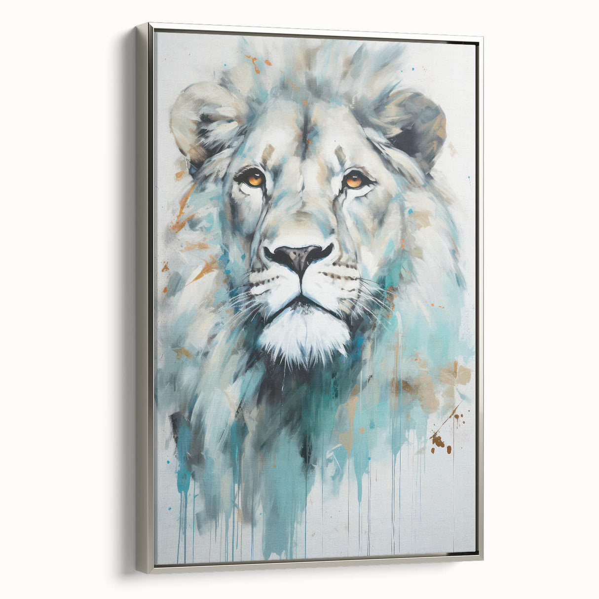 Framed wall art featuring a majestic lion design in silver tones, showcasing intricate details and textures, perfect for wildlife enthusiasts and home decor.