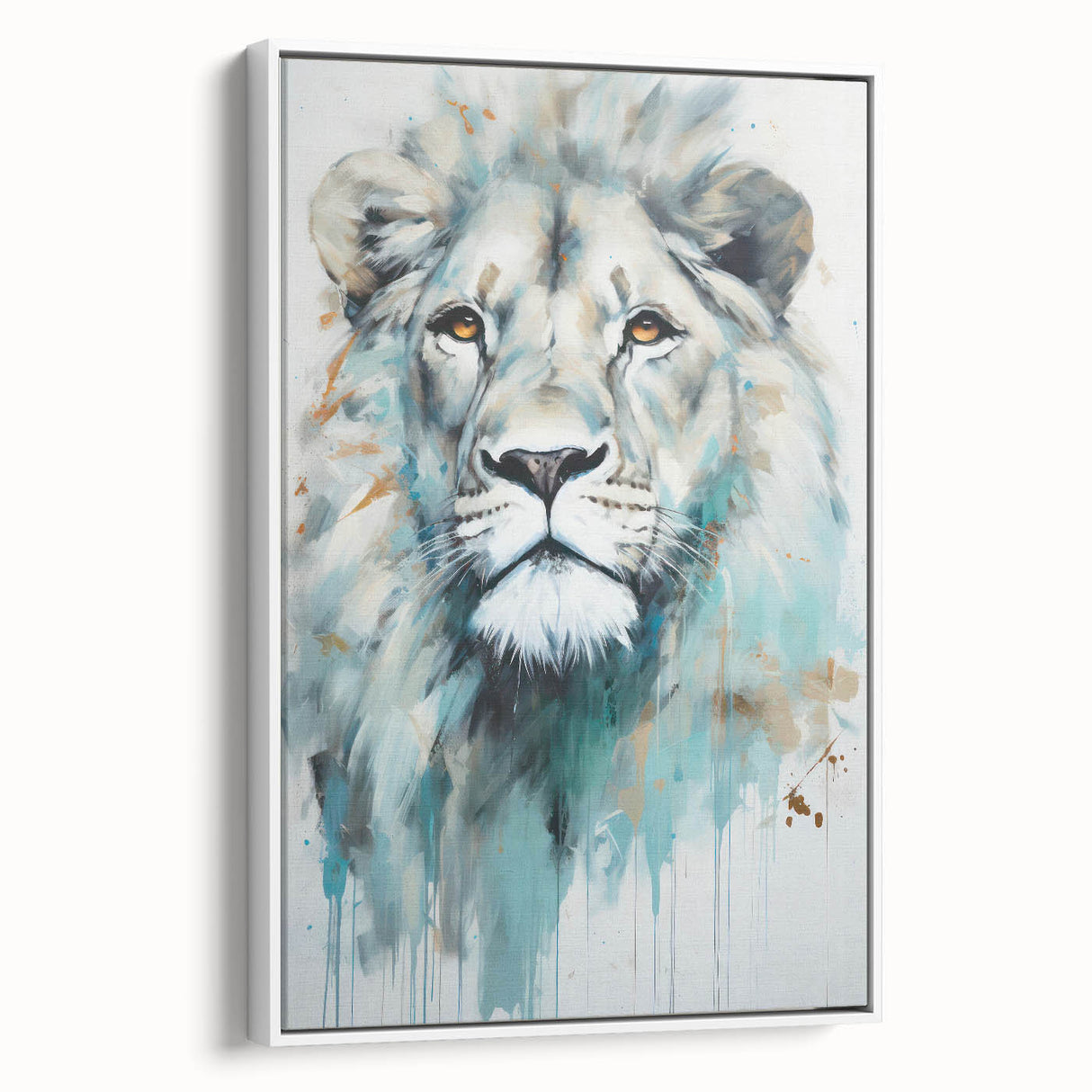 Framed canvas wall art featuring a majestic lion in profile against a white background, showcasing intricate details and vibrant colors, perfect for wildlife decor.