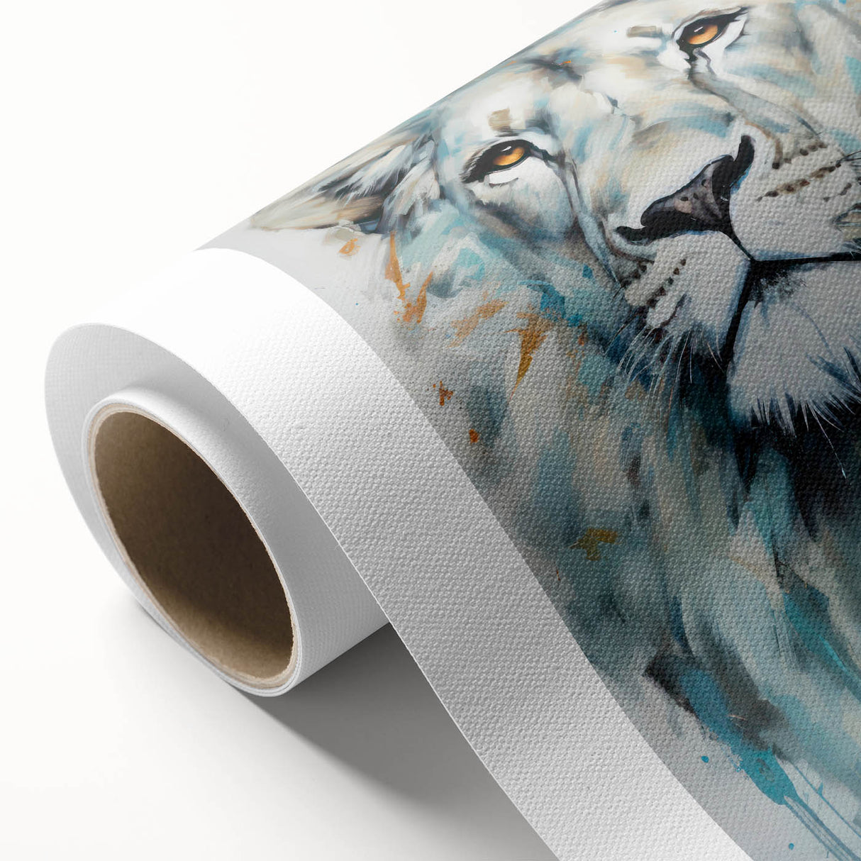 Vibrant rolled canvas featuring a majestic lion design, showcasing intricate details and rich colors, ideal for wildlife-themed decor in home or office settings.