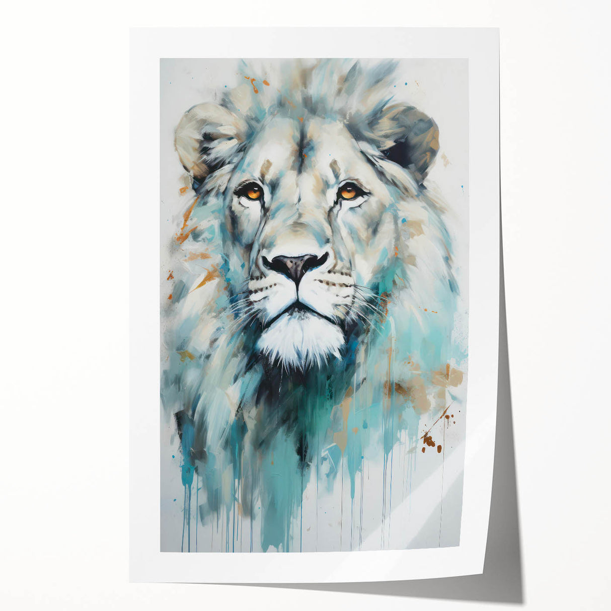 Vibrant wall art print showcasing a majestic lion against a backdrop of lush greenery, perfect for animal lovers and home decor enthusiasts. Ideal for adding a touch of wildlife elegance to any space.