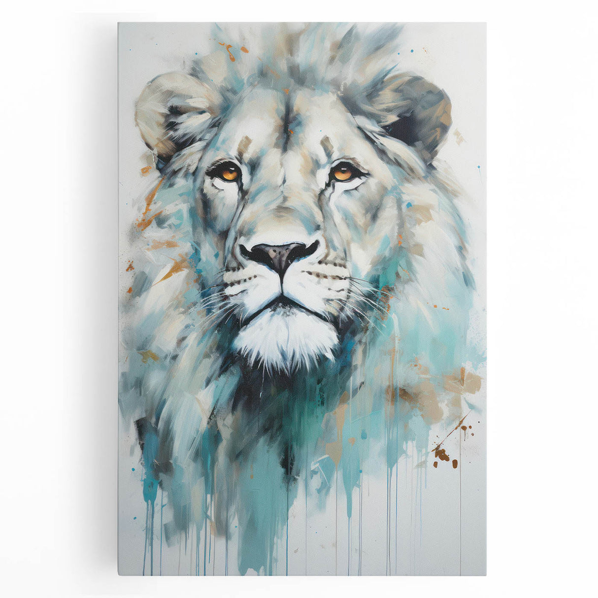 Stretched canvas art depicting a majestic lion in a vibrant, colorful design, perfect for wildlife enthusiasts and home decor, showcasing detailed textures and bold colors.