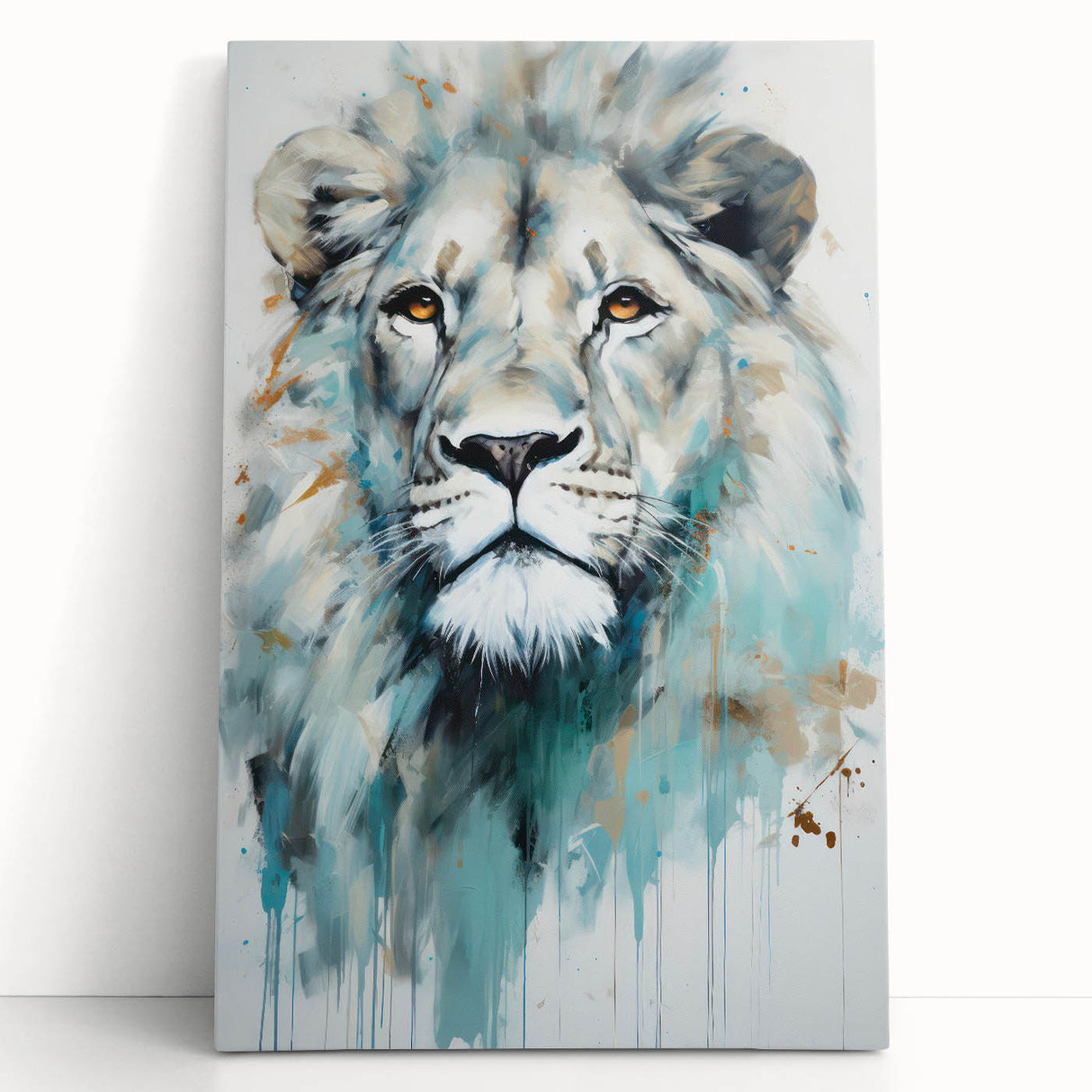 Stretched canvas wall art featuring a majestic lion design, showcasing vibrant colors and intricate details, perfect for wildlife enthusiasts and home decor.
