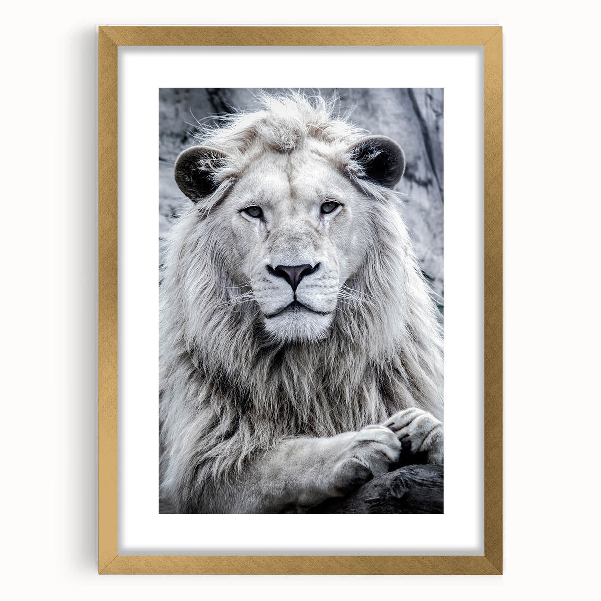Framed wall art featuring a majestic lion design in gold, showcasing intricate details and a matte finish, perfect for enhancing wildlife-themed decor.