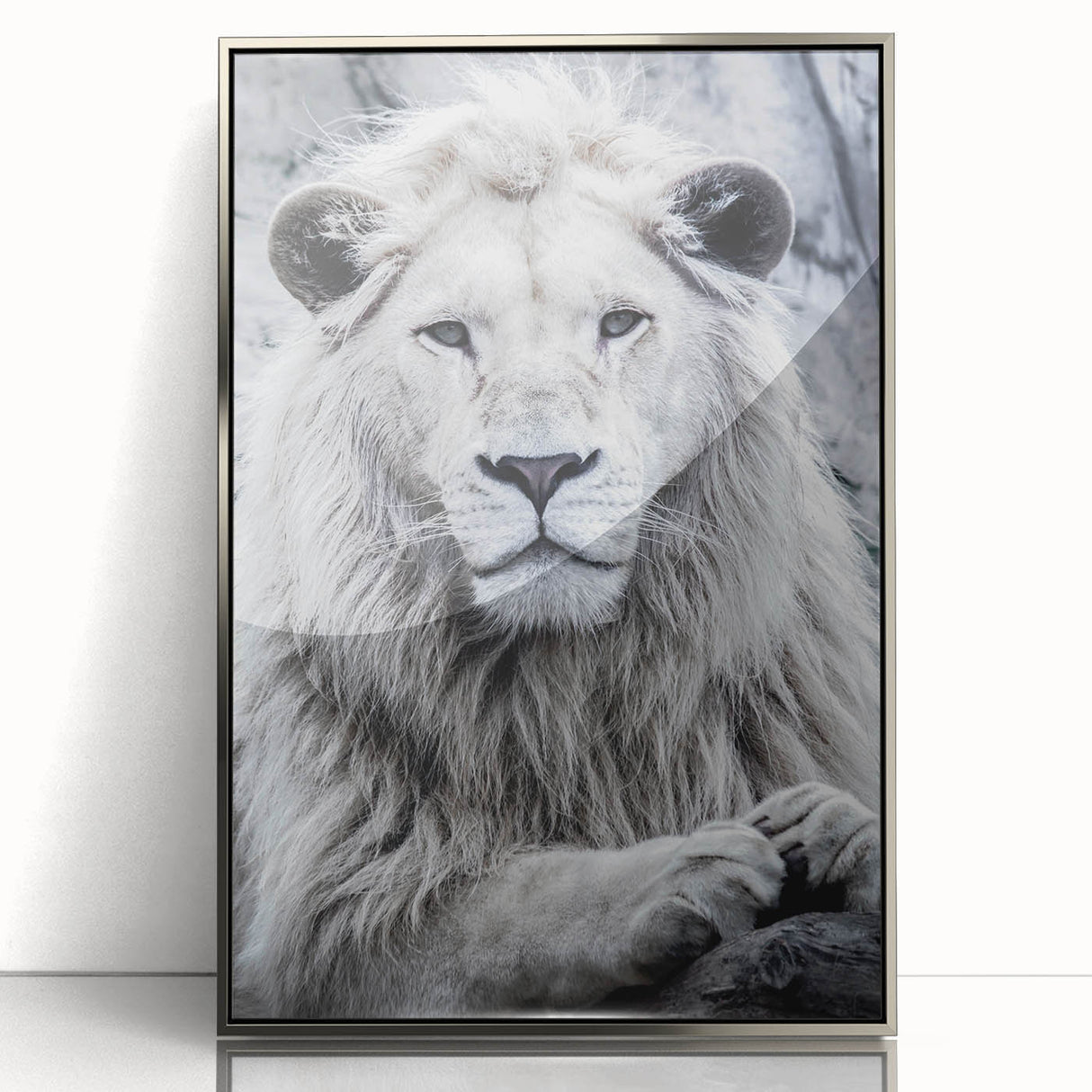 Framed wall art featuring a majestic lion design in vibrant colors, encased in a sleek silver frame, ideal for enhancing modern home decor.