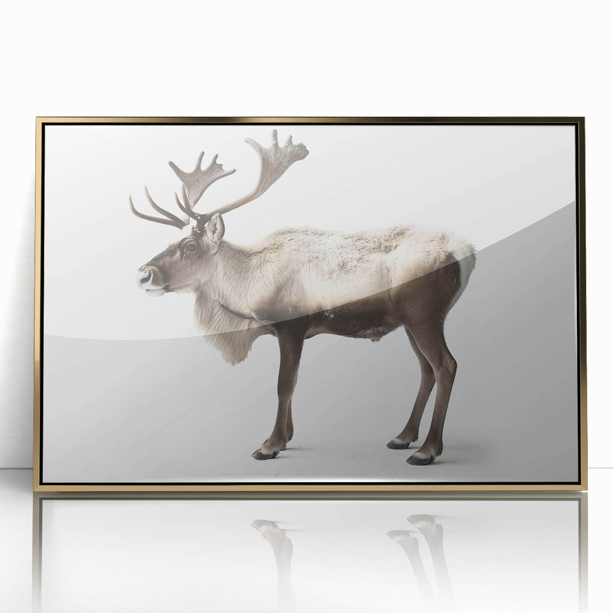 Framed wall art collection showcasing a moose and elk design, featuring gold accents and a sleek acrylic front, perfect for nature-inspired home decor.
