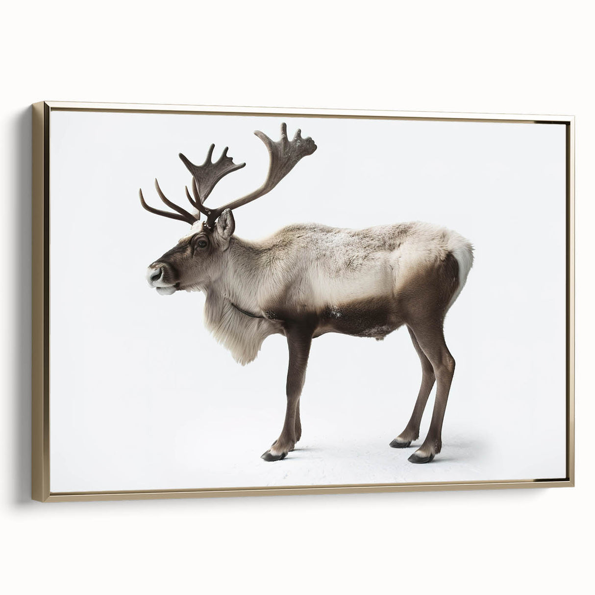 Framed canvas wall art showcasing a detailed moose and elk design, accented with gold tones, ideal for nature enthusiasts and home decor. Perfect for wildlife-themed interiors.
