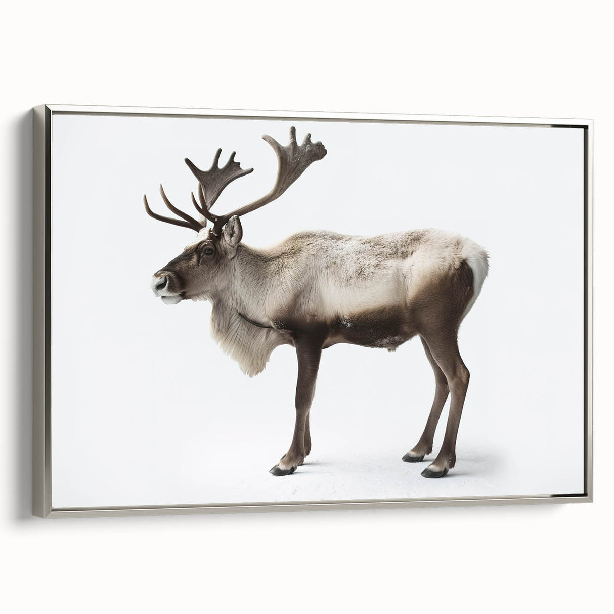 Framed canvas wall art depicting a moose and elk design, showcasing intricate details and a silver frame, perfect for wildlife enthusiasts and home decor.