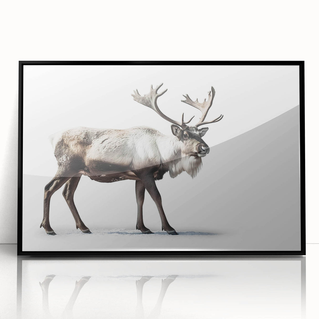 Framed black wall art design showcasing a moose and elk in a serene wildlife setting, perfect for nature enthusiasts and home decor. This acrylic piece adds a touch of wilderness elegance to any space.