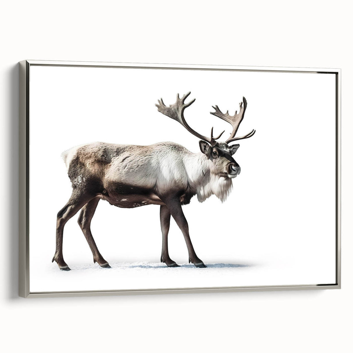 Framed canvas wall art featuring a silver side view design of a moose and elk, showcasing intricate wildlife details against a neutral background, perfect for nature lovers.