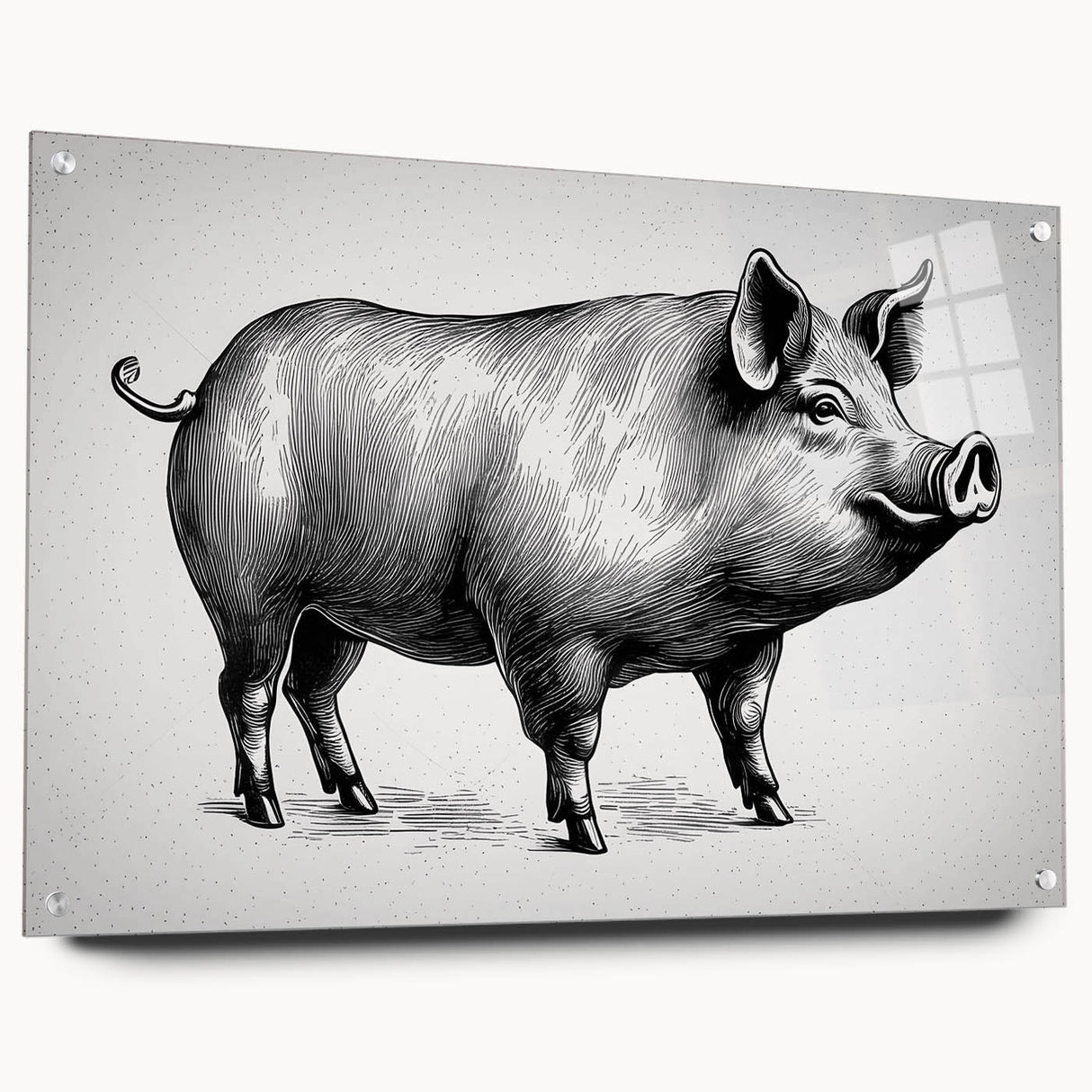 Acrylic glass wall art depicting a whimsical pig design from the 'Animals A Wild Life' collection, showcasing vibrant colors and intricate details, ideal for animal lovers.