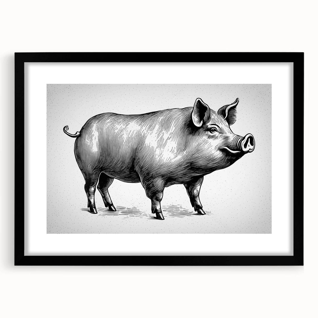 Framed wall art featuring a stylized pig design in a modern black frame, complete with a white mat, ideal for animal lovers and contemporary decor. Perfect for enhancing living spaces or offices with a touch of whimsy and nature-inspired artistry.