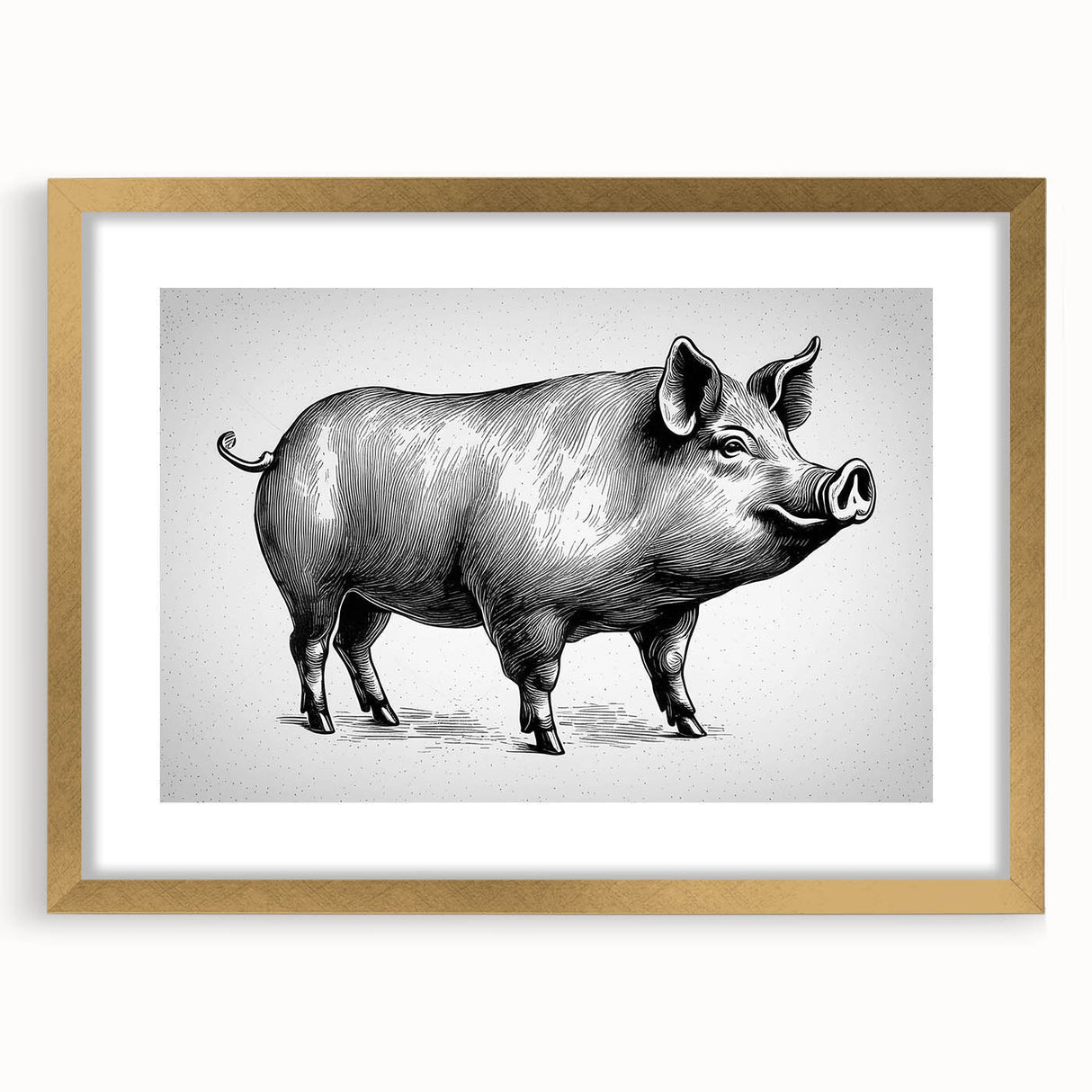 Wall art featuring a pig design from the "Animals: A Wild Life" collection, framed in gold with a mat, showcasing a whimsical and modern aesthetic for home decor.