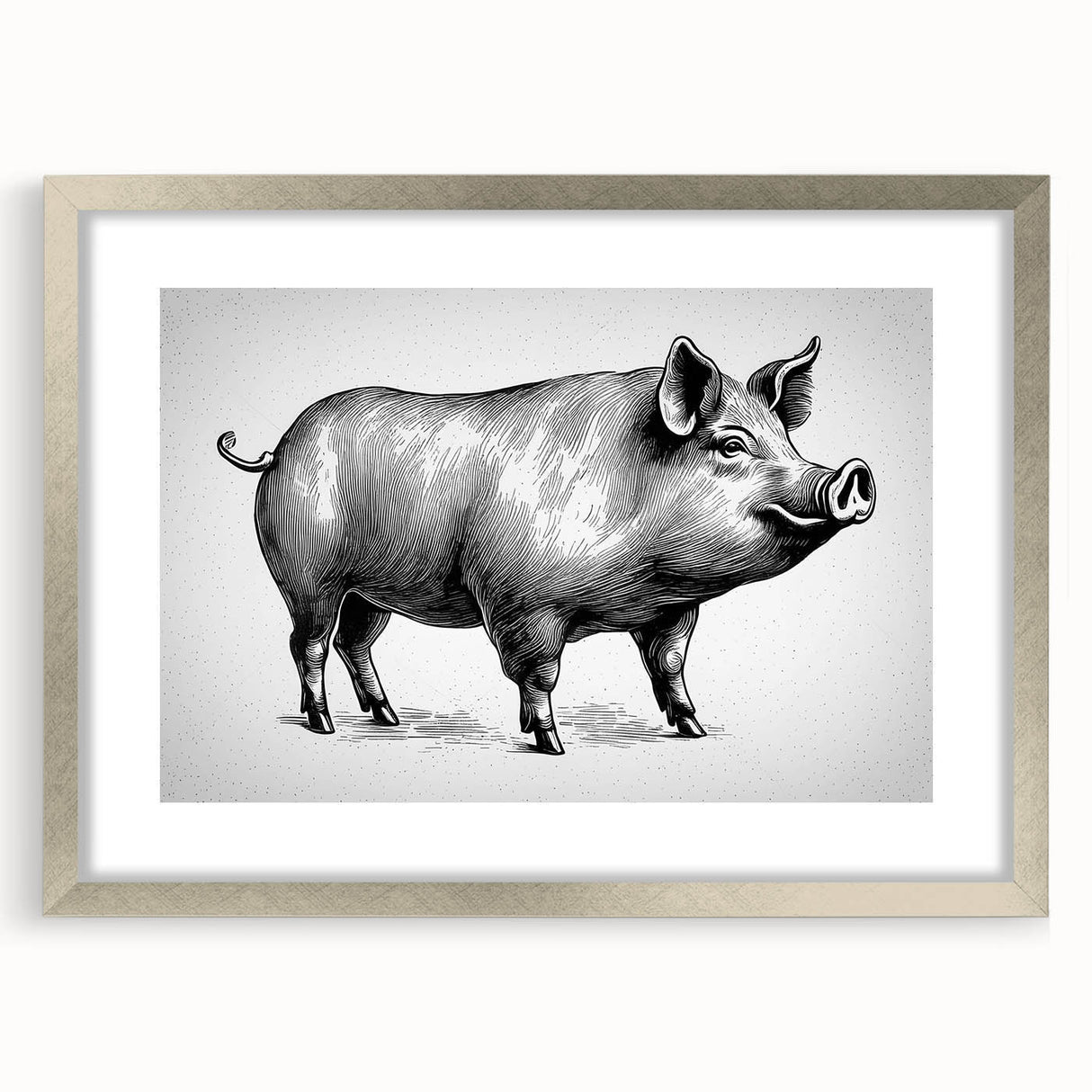 Framed wall art collection featuring a whimsical pig design with a silver mat and frame, perfect for animal lovers' home decor, set against a neutral background.