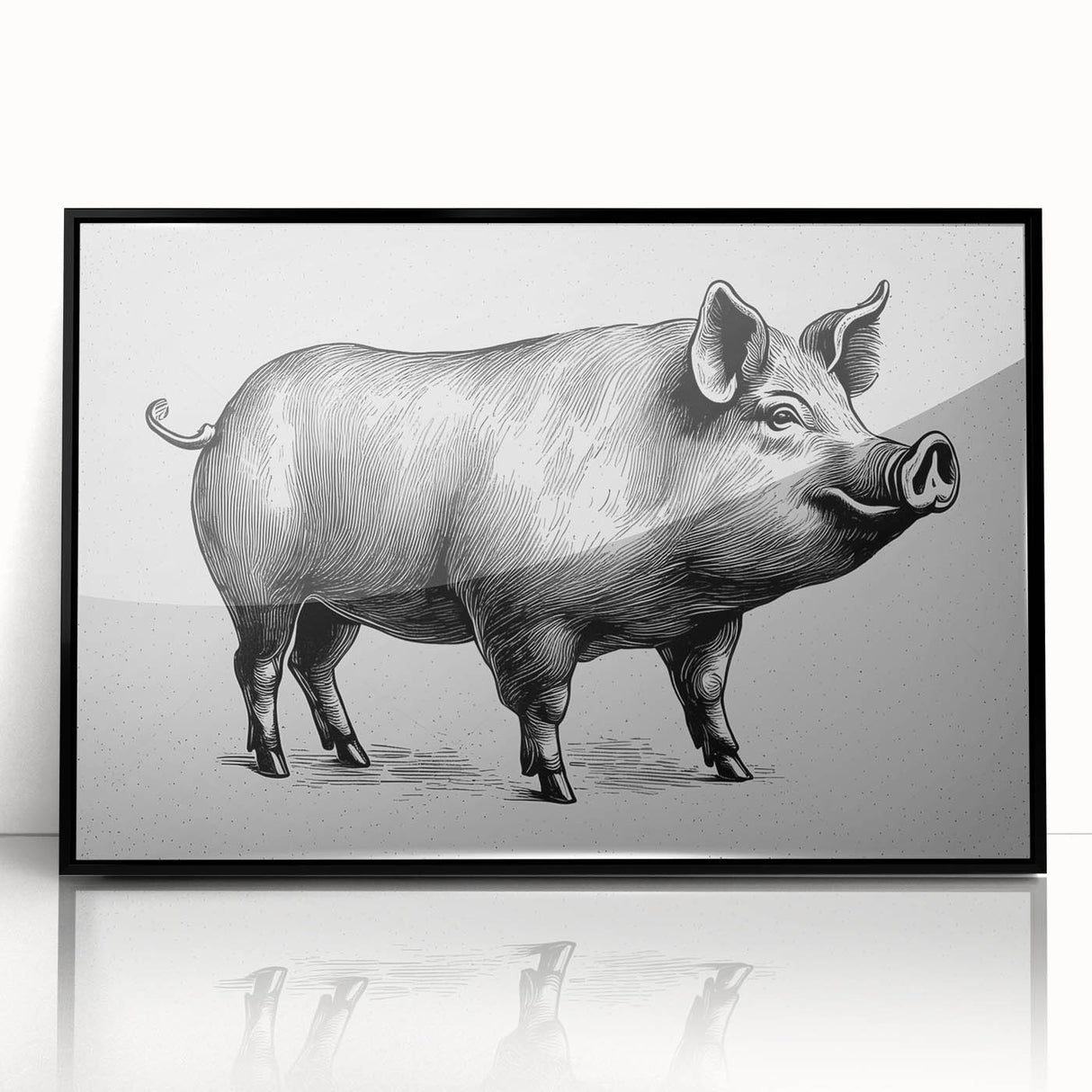 Framed wall art featuring a vibrant pig design in a black frame, showcasing colorful animal illustrations with a modern aesthetic, ideal for home decor.