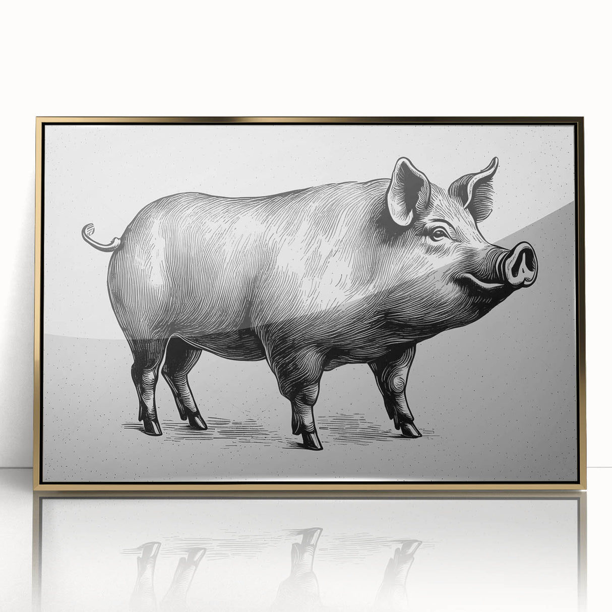 Framed wall art showcasing a playful pig design with gold accents, set against a vibrant background, perfect for adding a whimsical touch to home decor.