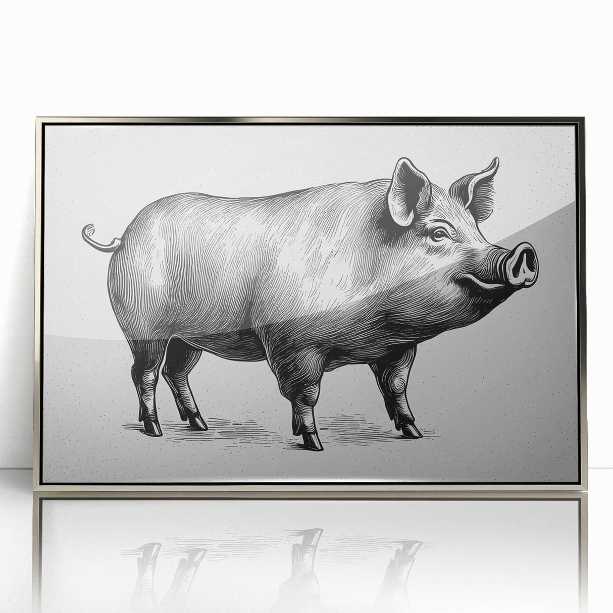 Framed wall art featuring a whimsical pig design with intricate details, set against a silver background, perfect for animal lovers and home decor enthusiasts.