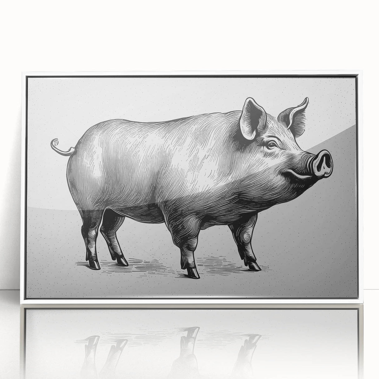 Framed wall art featuring a whimsical pig design from the "Animals: A Wild Life" collection, showcasing vibrant colors and a sleek white frame, perfect for animal lovers.