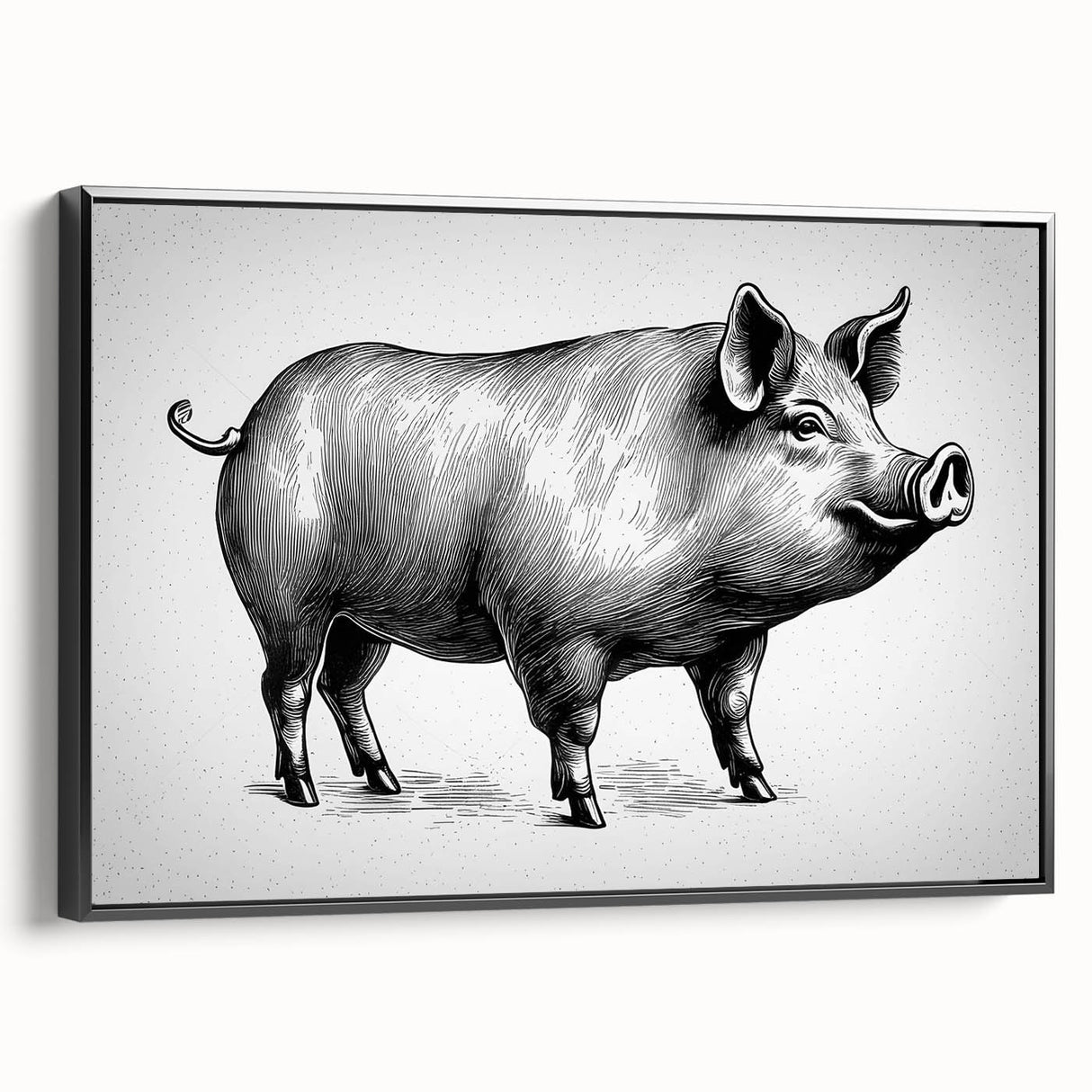 Framed canvas wall art showcasing a whimsical pig design in vibrant colors, set against a black background, perfect for animal lovers and playful decor.