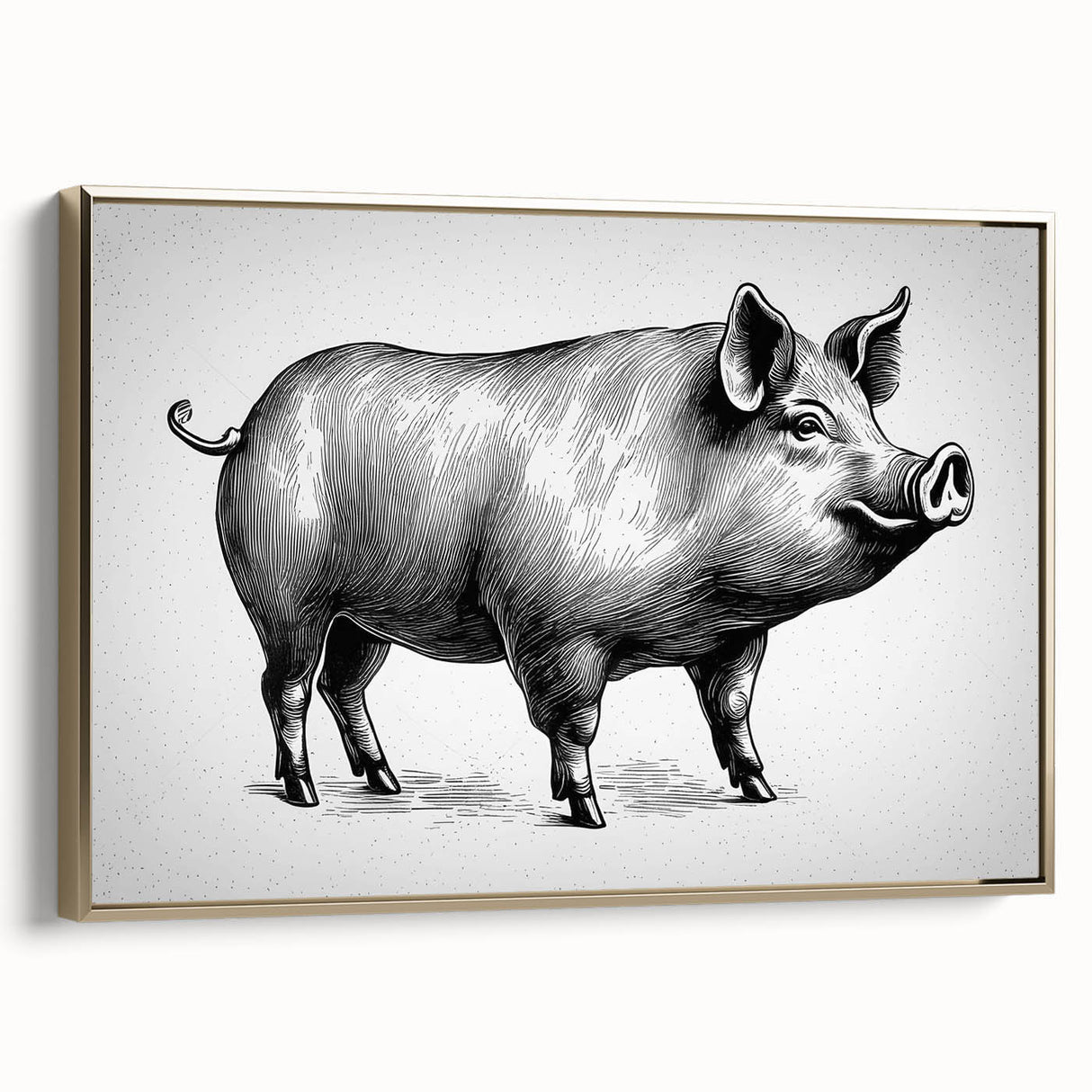 Framed wall art featuring a whimsical pig design in a gold frame, showcasing vibrant colors against a neutral background, perfect for animal lovers and home decor enthusiasts.