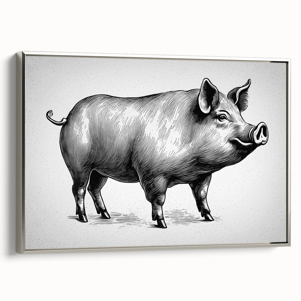 Framed canvas wall art featuring a whimsical pig design in silver tones, showcasing playful details and textures, ideal for animal lovers and modern decor.