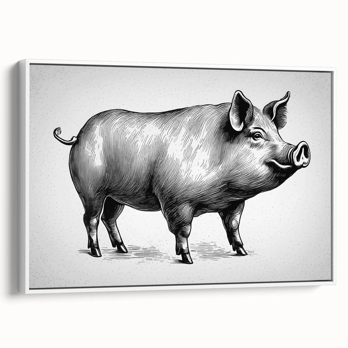 Framed wall art featuring a whimsical pig design in a white frame, showcasing vibrant colors and playful details, ideal for animal lovers and home decor enthusiasts.