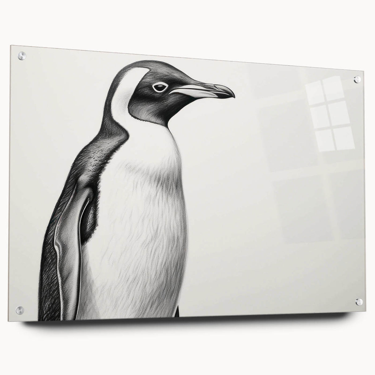 Side view of a modern acrylic glass wall art piece featuring a penguin design from the "Animals A Wild Life" collection, showcasing vibrant colors and detailed artwork, perfect for animal lovers and home decor enthusiasts.