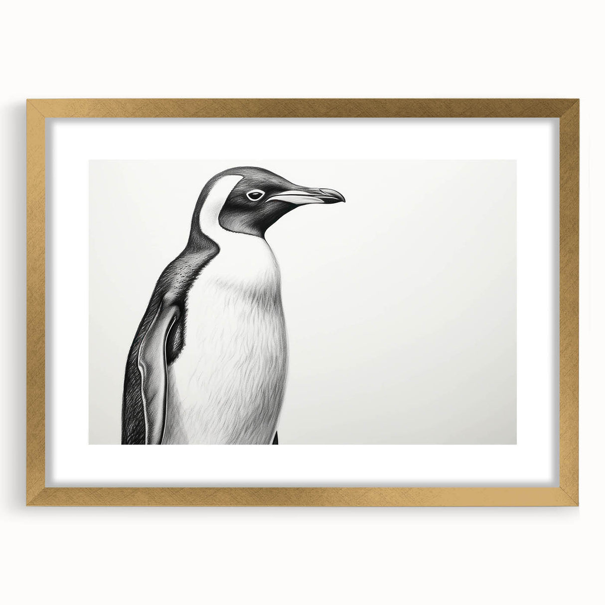Framed wall art featuring a penguin design from the "Animals of the Wild" collection, showcased with a gold mat and frame, perfect for nature enthusiasts.