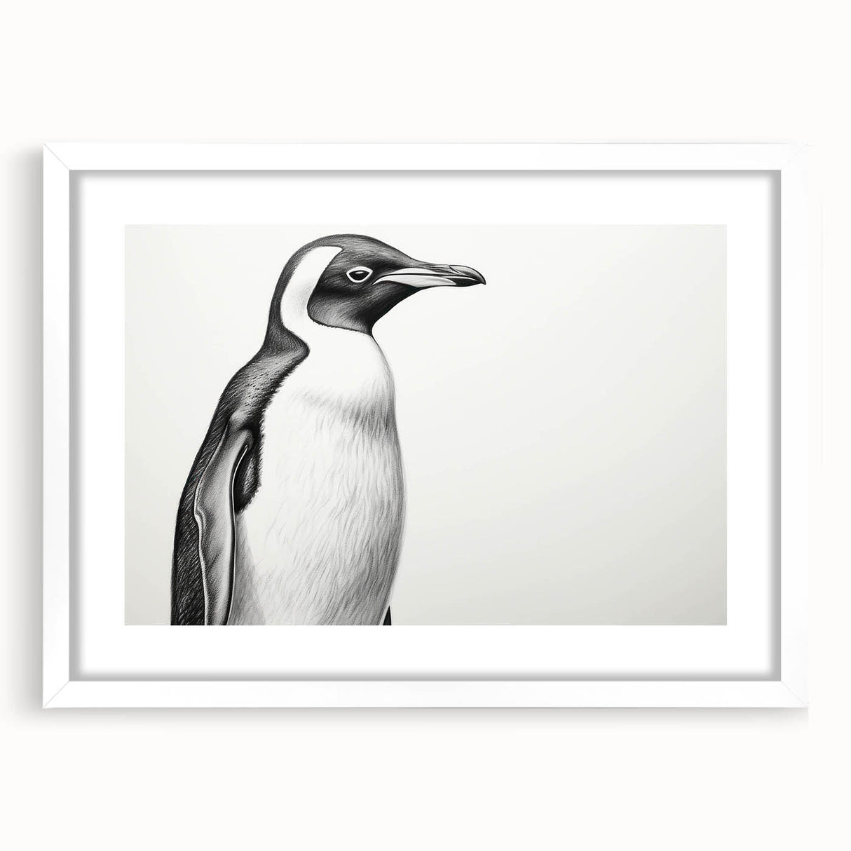 Framed wall art featuring a whimsical penguin design on a white mat, ideal for children's rooms or playful decor, showcasing vibrant colors and intricate details.