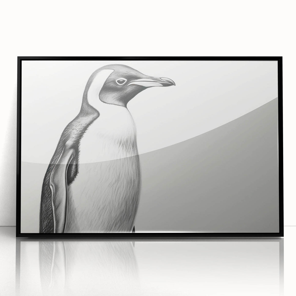 Framed acrylic wall art featuring a stylish black-framed penguin design, perfect for wildlife enthusiasts, adding elegance to any interior decor.