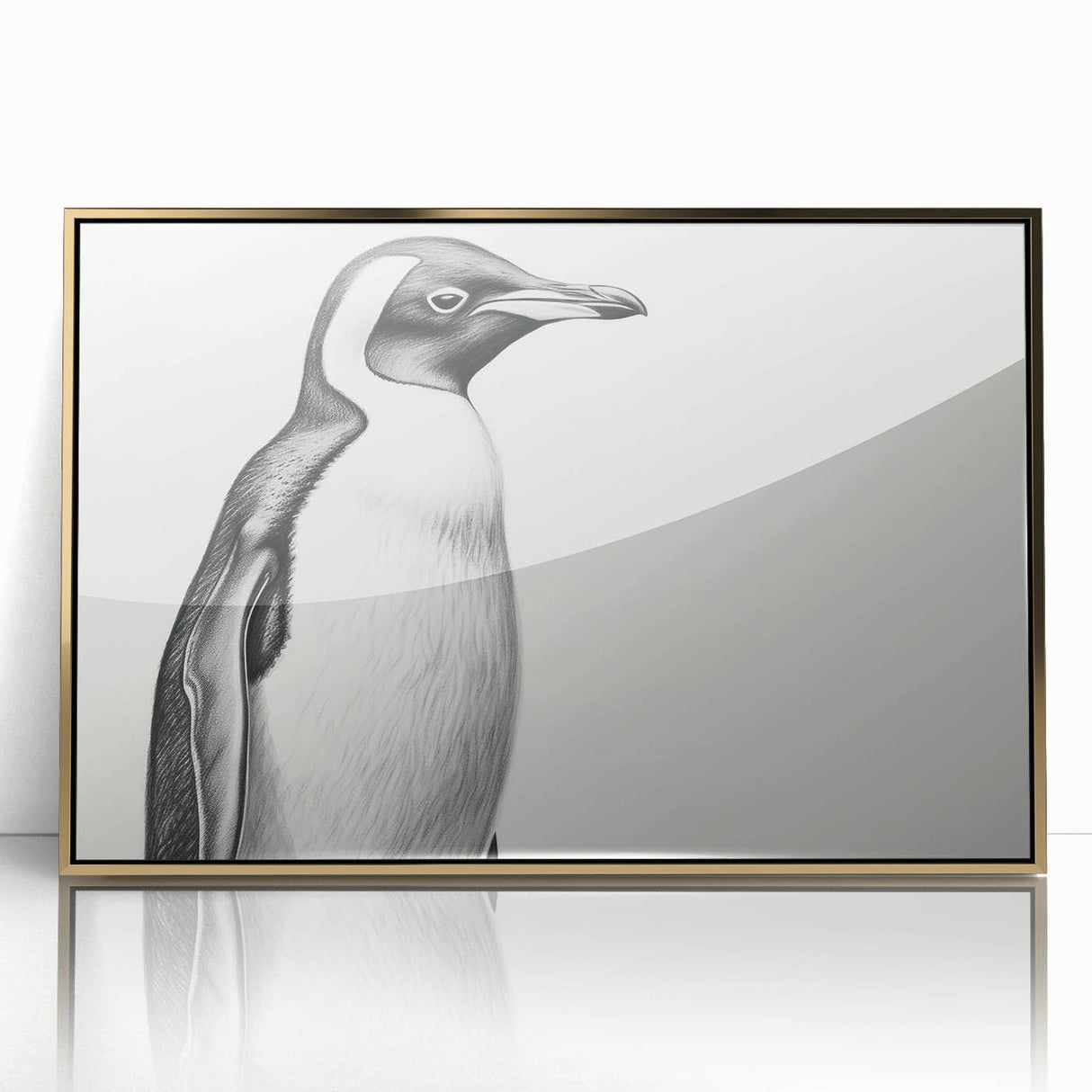 Framed wall art featuring a striking penguin design in an elegant gold-acrylic frame, showcasing vibrant colors and intricate details for wildlife enthusiasts.