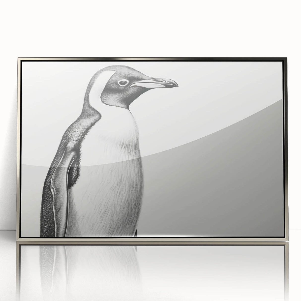Framed acrylic wall art featuring a stylish penguin design in a silver frame, showcasing a modern wildlife aesthetic for home decor. Perfect for animal lovers.