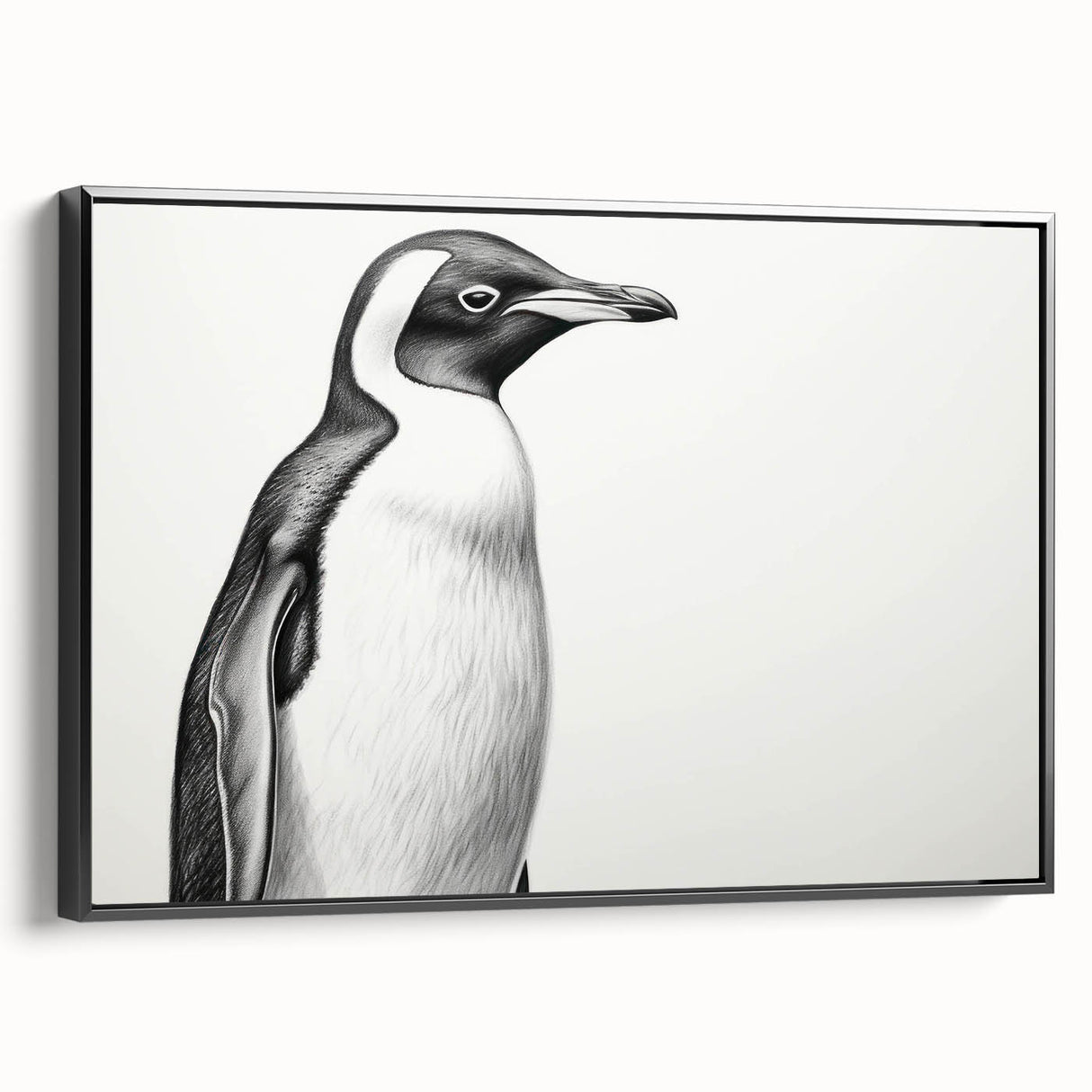 Framed canvas wall art featuring a stylish black and white design of a penguin, showcasing its unique features and elegant pose against a minimalist background.