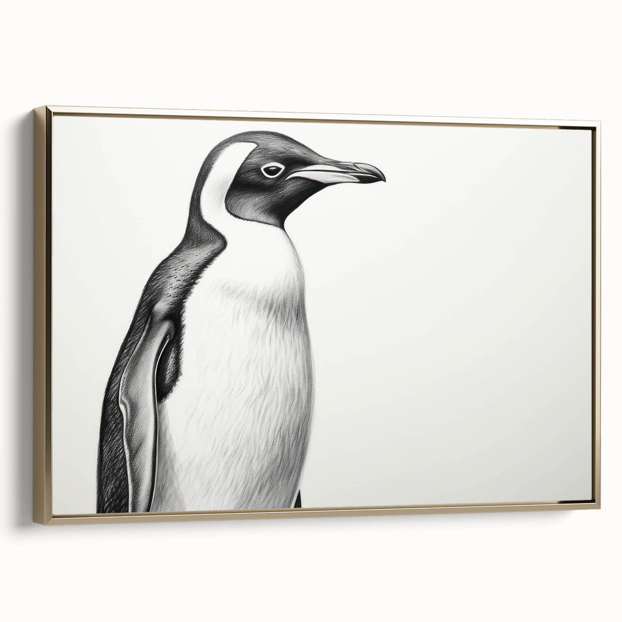 Framed canvas wall art featuring a stylish side view of a penguin design, adorned with a gold frame, perfect for modern home decor and wildlife enthusiasts.