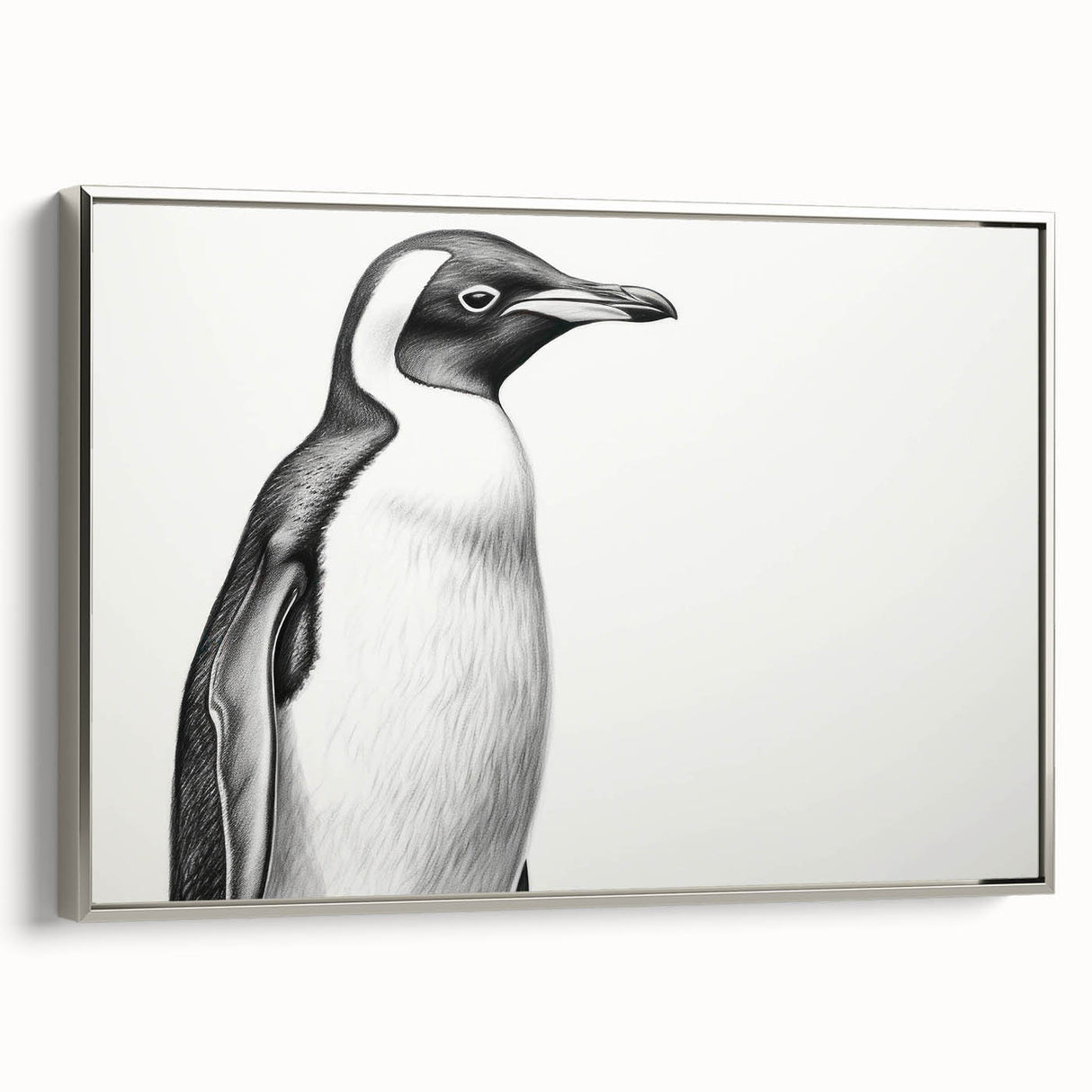 Framed wall art showcasing a silver side view of a penguin design, part of a 24-piece animal collection, perfect for enhancing modern home decor.