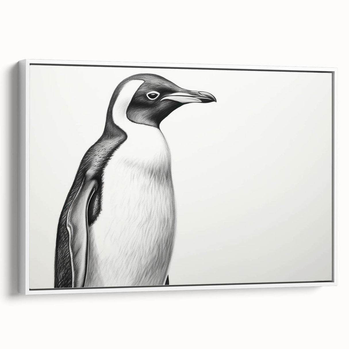Framed canvas wall art featuring a whimsical penguin design on a white background, ideal for enhancing modern decor and adding a playful touch to any room.