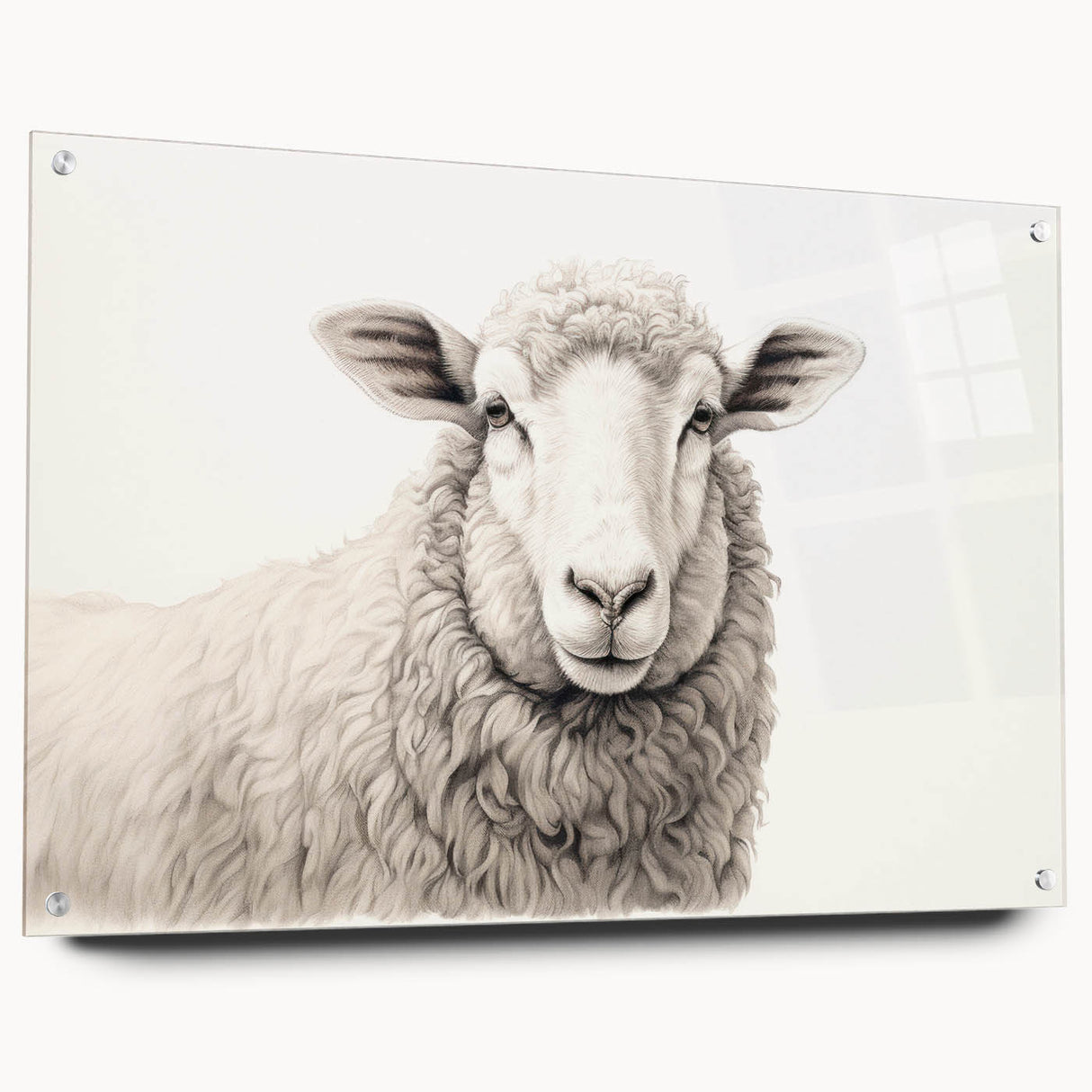 Acrylic glass wall art display featuring a vibrant sheep design from the 'Animals a Wild Life' collection, showcasing a side view with pins for easy hanging.