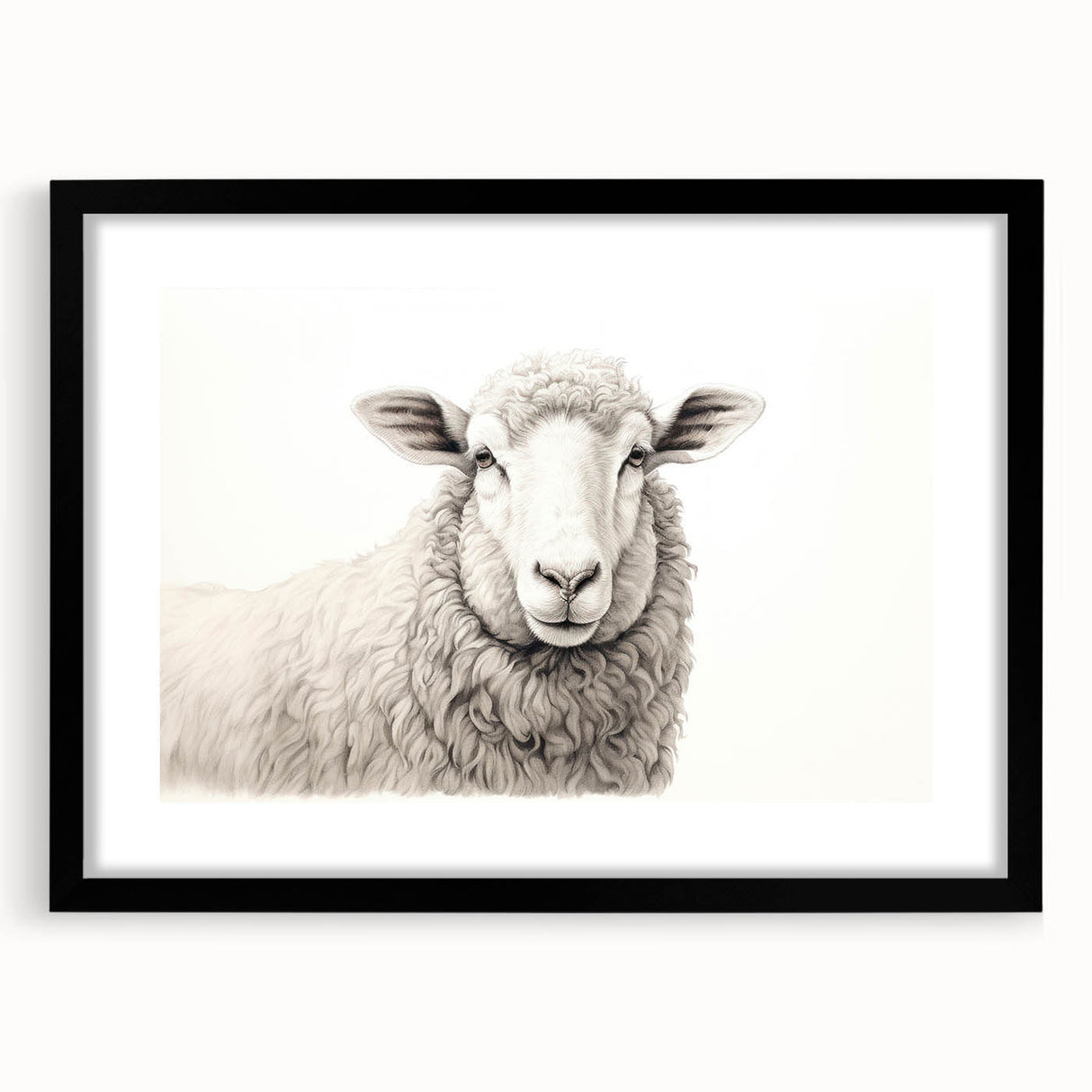 Framed wall art featuring a whimsical sheep design from the "Animals A Wild Life" collection, set in a sleek black frame with a white mat, ideal for adding a playful touch to home decor.