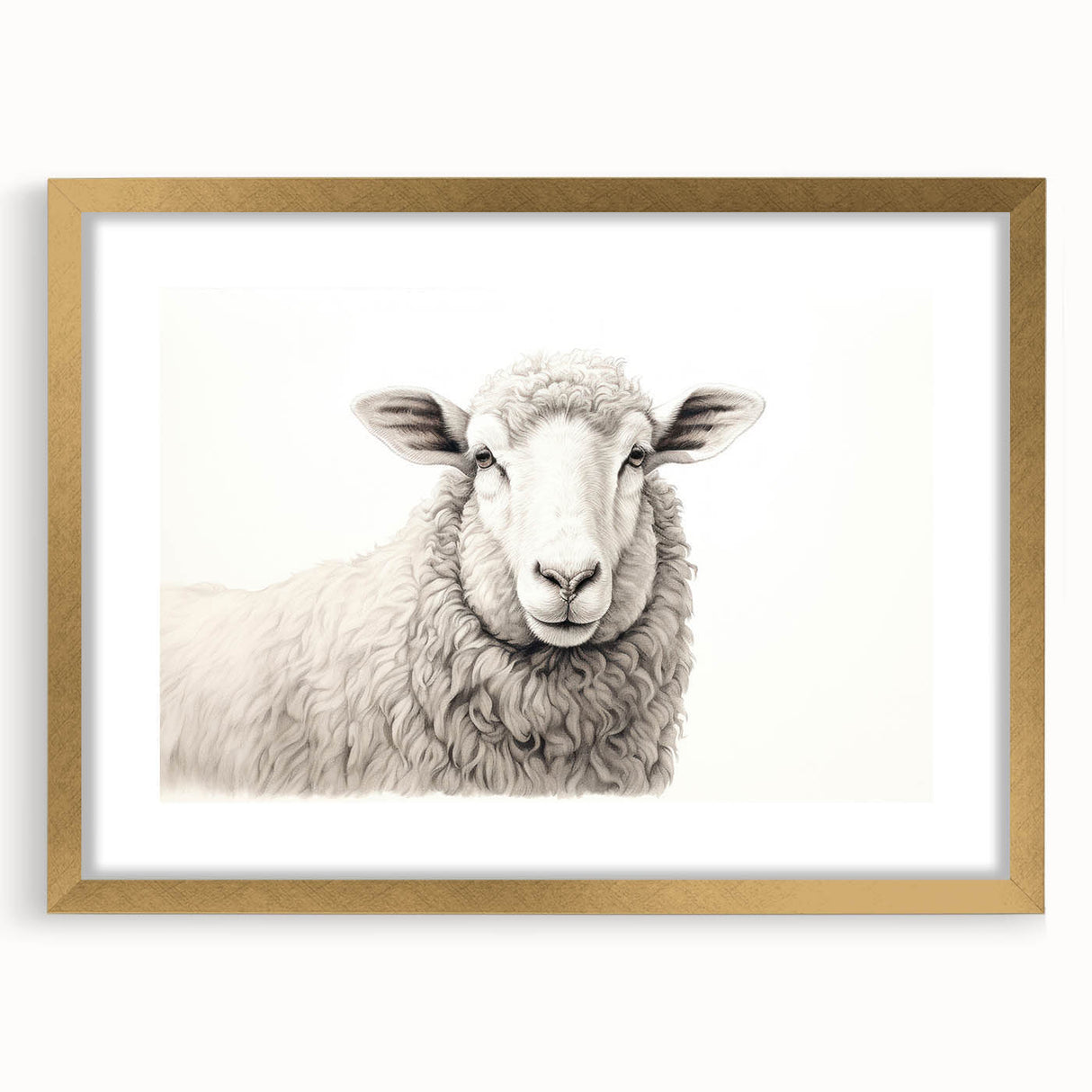 Framed wall art featuring a sheep design from the "Animals a Wild Life" collection, with a gold mat and frame, ideal for adding a touch of nature-inspired decor to any space.