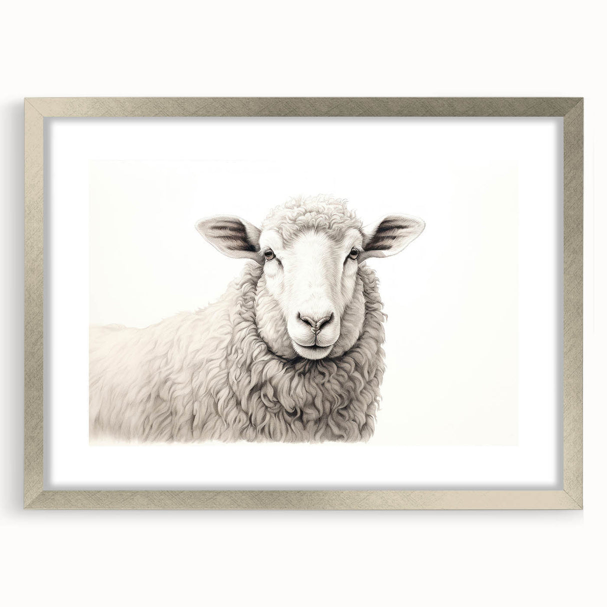 Framed wall art featuring a stylish sheep design in a silver frame with matting, showcasing intricate details and a modern aesthetic for home decor.