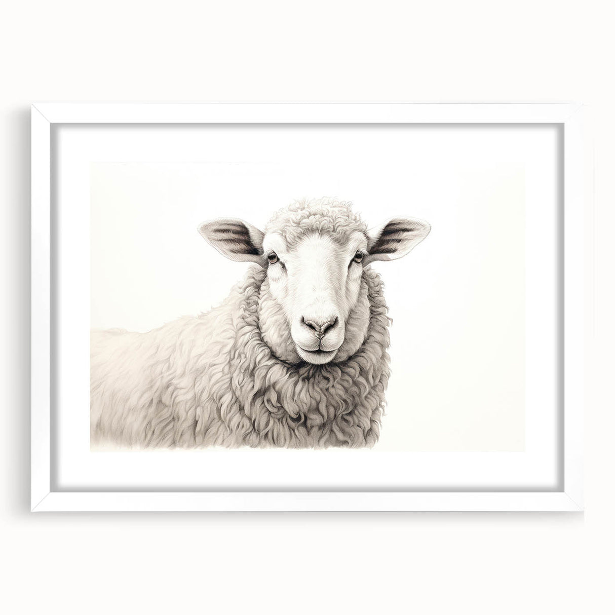 Framed wall art featuring a sheep design from the "Animals A Wild Life" collection, showcasing a white mat and sleek frame, perfect for animal lovers' home decor.