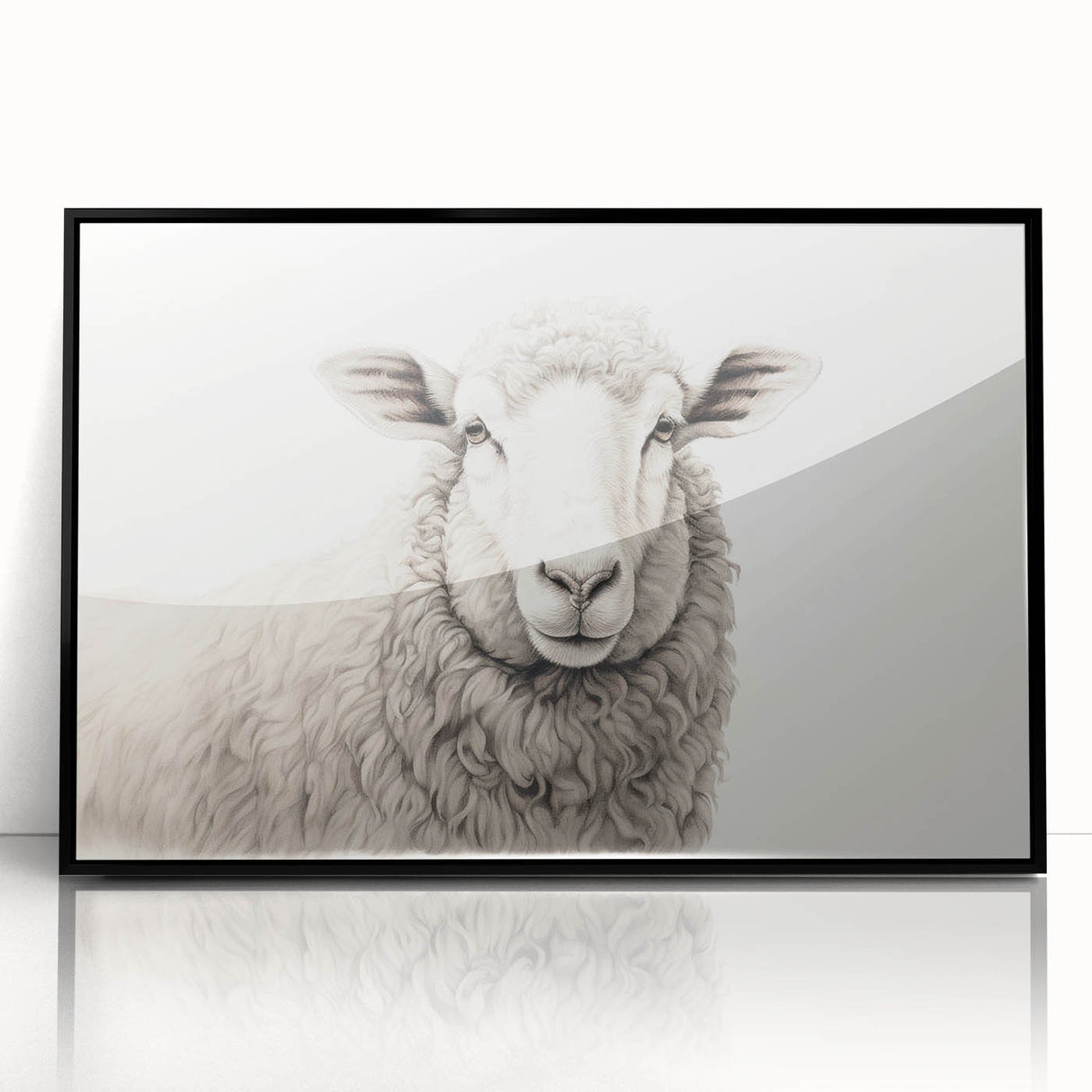 Framed wall art showcasing a serene sheep design in a wild landscape, featuring a sleek black frame and vibrant colors, perfect for enhancing home decor.