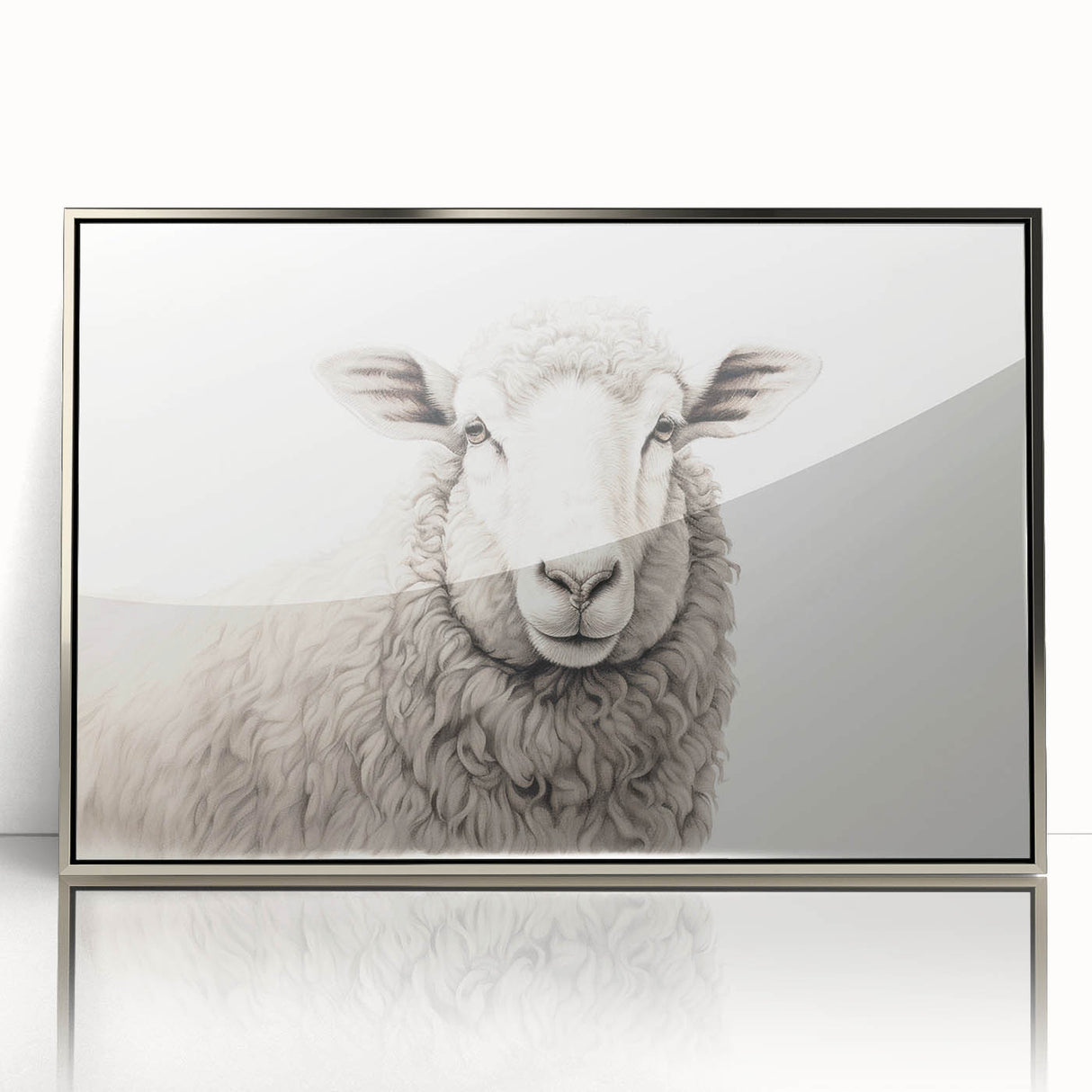 Framed acrylic wall art featuring a stylish sheep design from the 'Animals a Wild Life' collection, showcased against a sleek silver frame, perfect for modern decor.