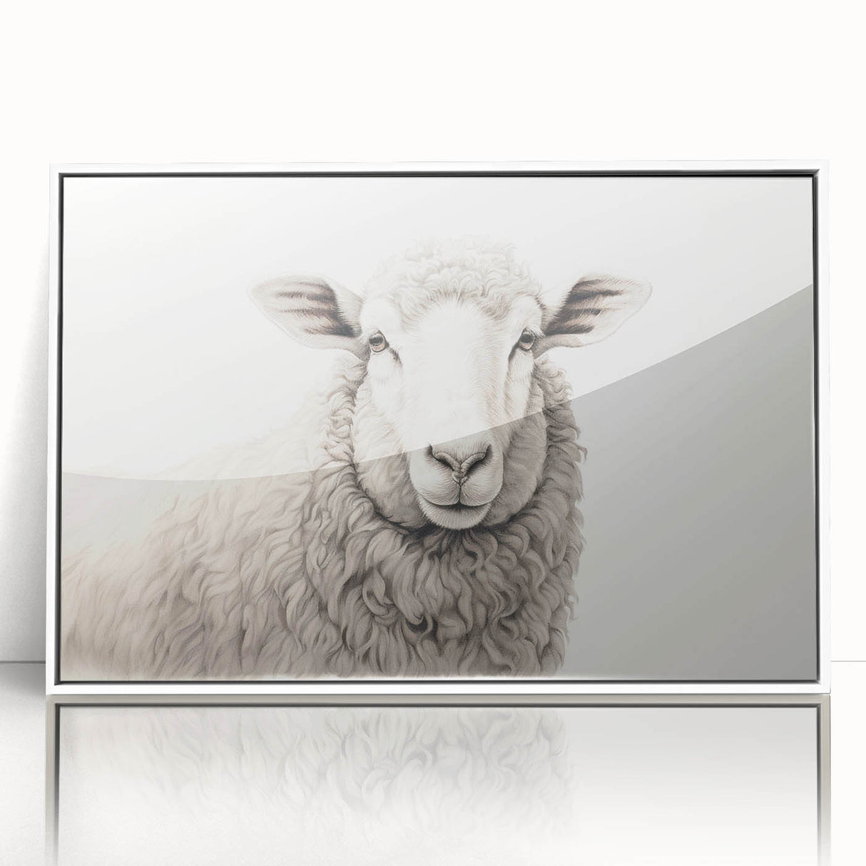 Framed wall art piece featuring a whimsical sheep design in a white frame, showcasing vibrant colors and intricate details, perfect for animal lovers and home decor enthusiasts.
