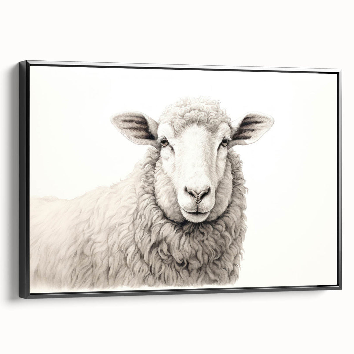 Framed canvas wall art featuring a detailed sheep design from the Animals A Wild Life collection, presented in a sleek black frame, ideal for enhancing home decor.
