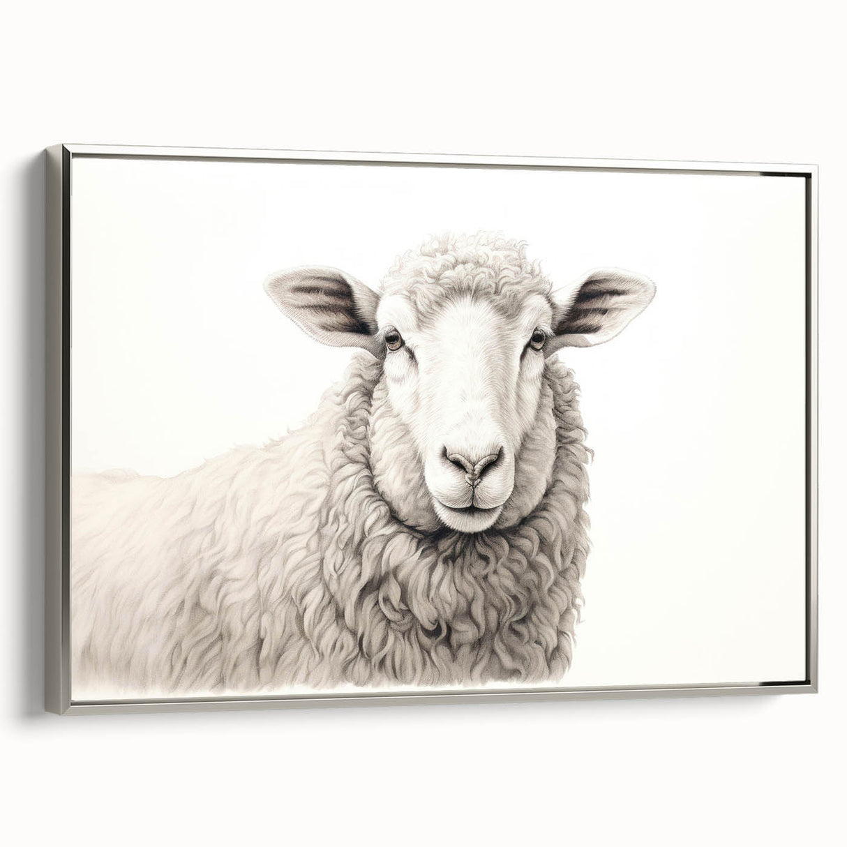 Framed wall art featuring a serene sheep design in a silver frame, showcasing a tranquil pastoral scene perfect for home decor or animal lovers.